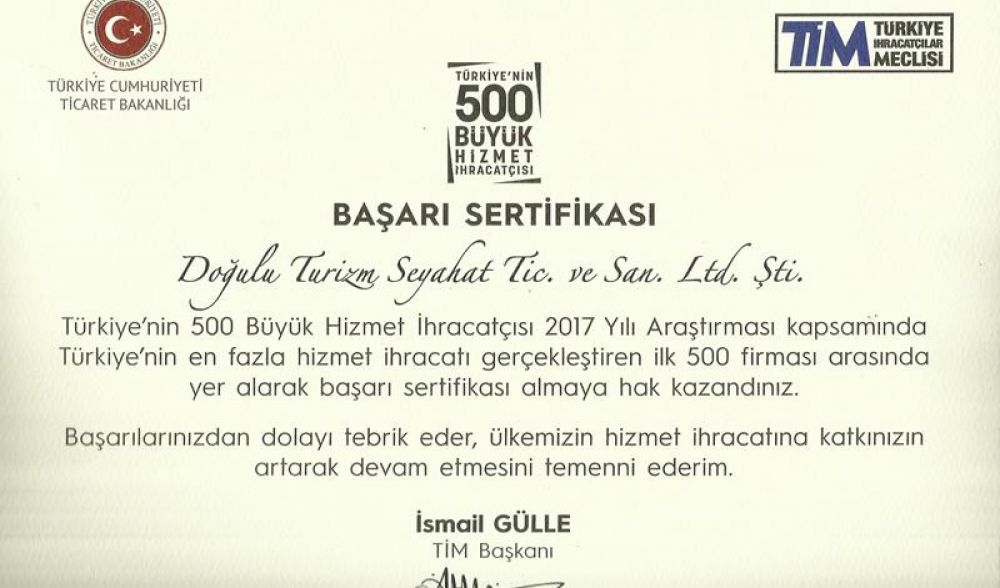 Türkiye’nin 500 Büyük Hizmet İhracatçısı Başarı Sertifikası